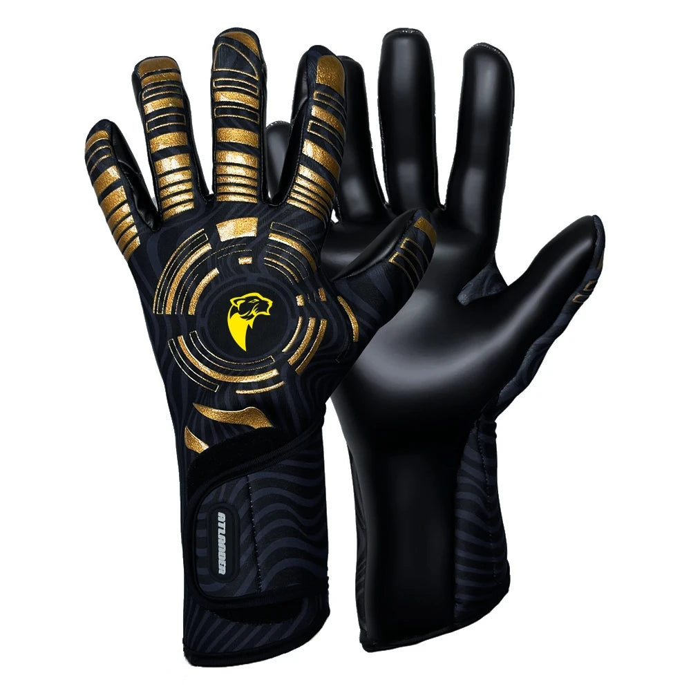 A pair of black and gold high-performance goalkeeper gloves shown against a white background.