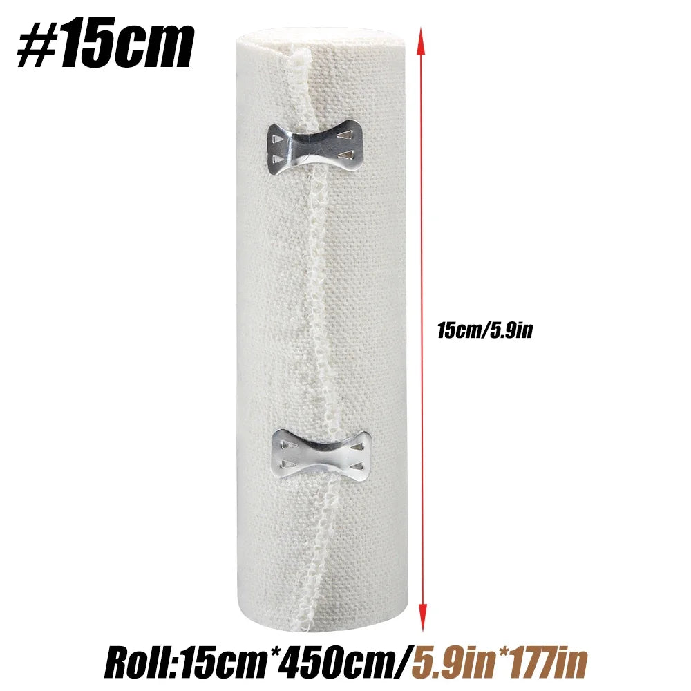 A white elastic compression bandage roll measuring 15cm long.