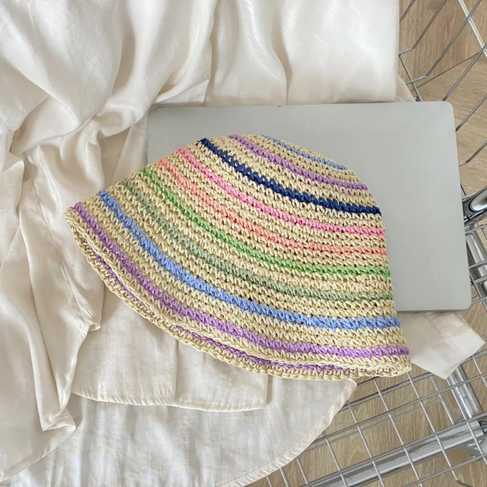 Handwoven Rainbow Stripe Straw Sun Hat with Wide Brim
