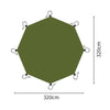 A large olive green waterproof camping ground mat with visible tie-down points.