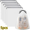 Five white reusable drawstring storage bags with a translucent foot shape design