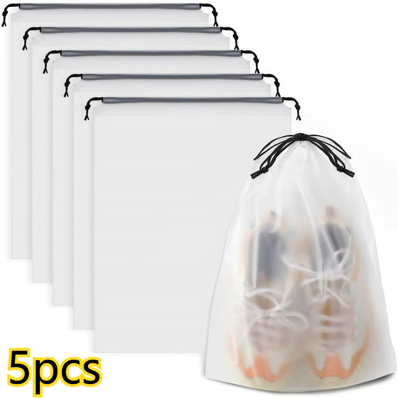 Five white reusable drawstring storage bags with a translucent foot shape design