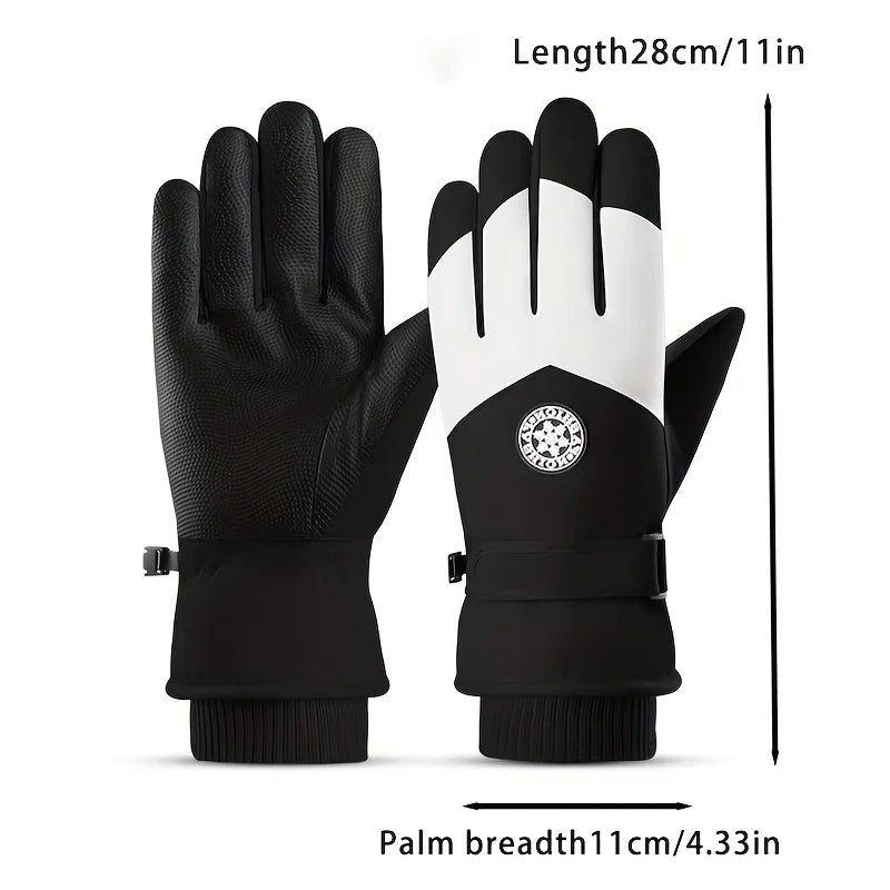 A pair of black and white insulated touchscreen windproof winter gloves shown with dimensions.