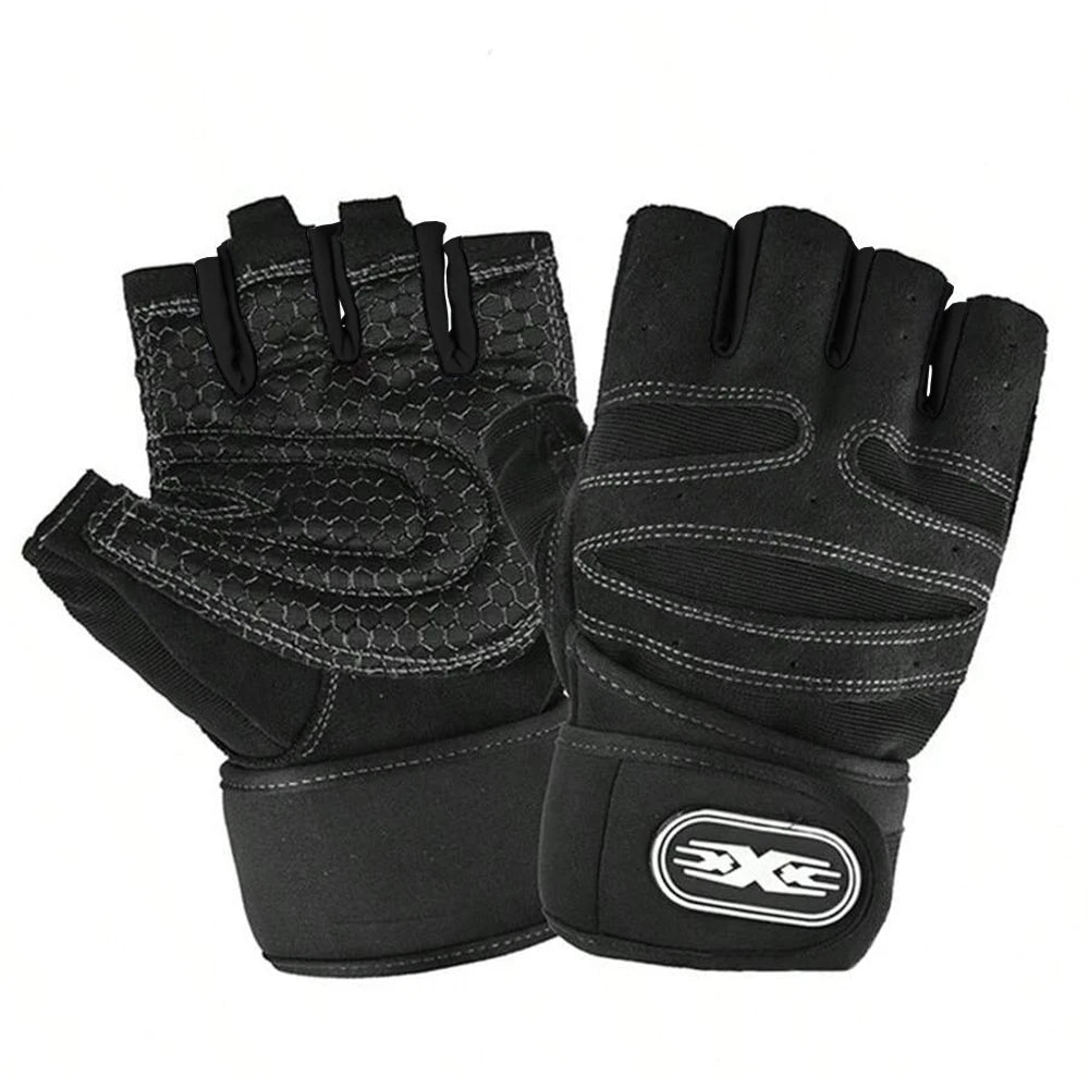 A pair of black durable cycling and fitness workout gloves shown flat.