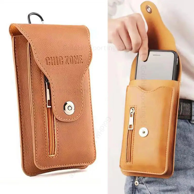 Una bolsa de mano de cuero marrón con abertura se muestra siendo sostenida por una mano.