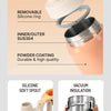 Details of an insulated stainless steel water bottle showing silicone parts and powder coating