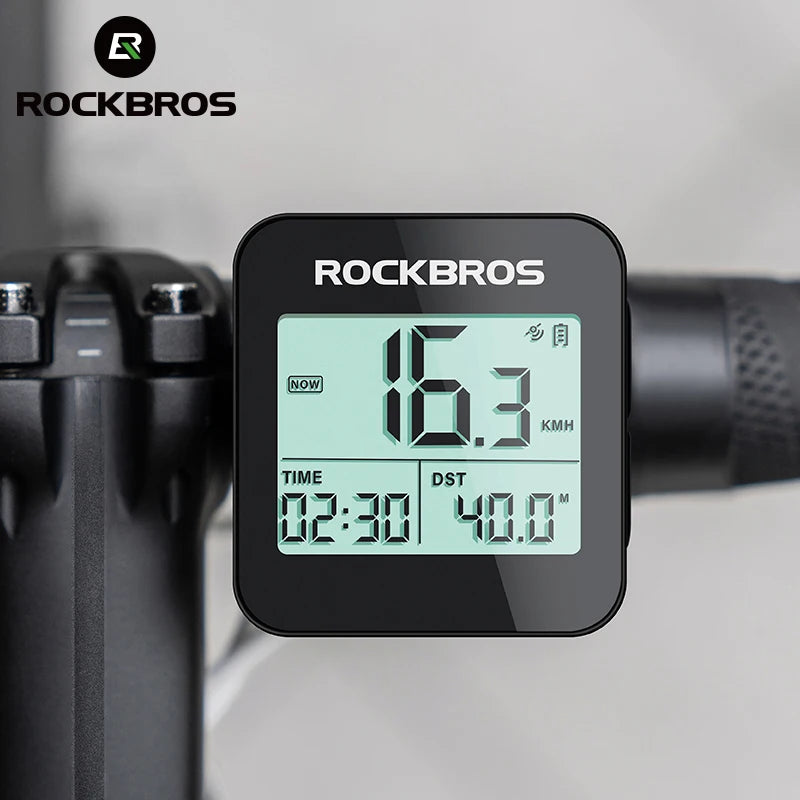 A black Rockbros GPS cycling computer displaying speed 16.3 km/h and time 02:30