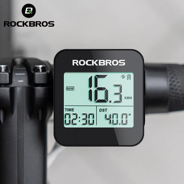 A black Rockbros GPS cycling computer displaying speed 16.3 km/h and time 02:30