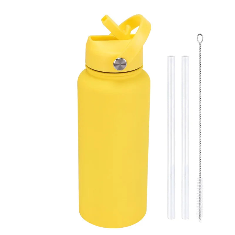 A yellow stainless steel vacuum flask water bottle with a yellow straw and a metal chain.