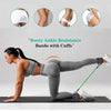 Gray resistance bands with cuffs shown being used for ankle resistance leg training exercise.