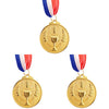 Three gold sports achievement medals with red white and blue ribbons hanging from a circular gold medal.