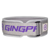 A gray fitness lifting belt with purple text featuring the brand name GINGPF