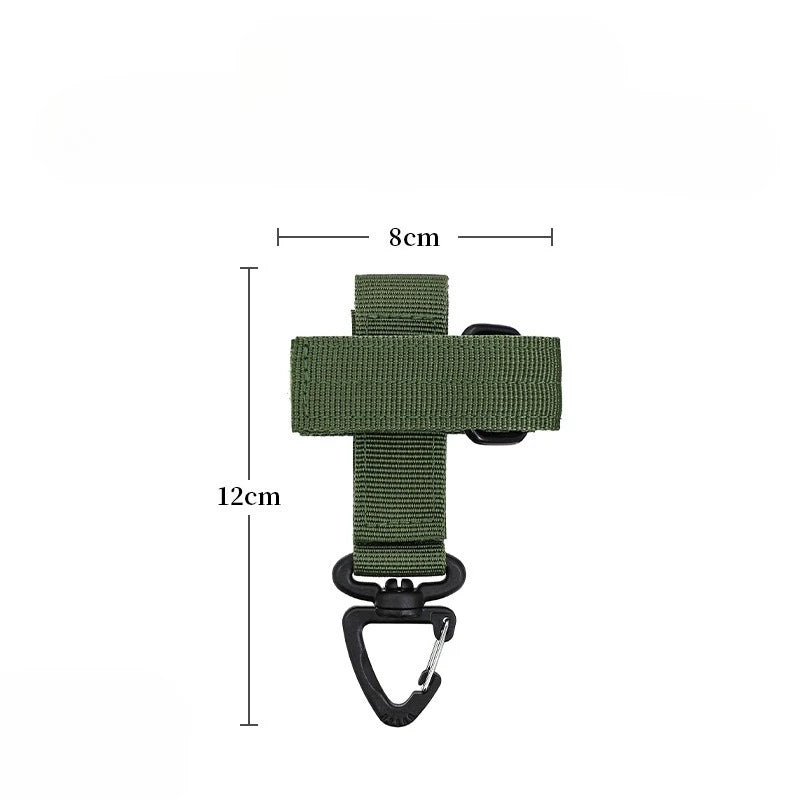 A green tactical nylon glove hook with a strap and a carabiner clip.
