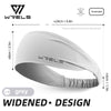 A white WRELS breathable sports headband shown from the side, highlighting its widened design.