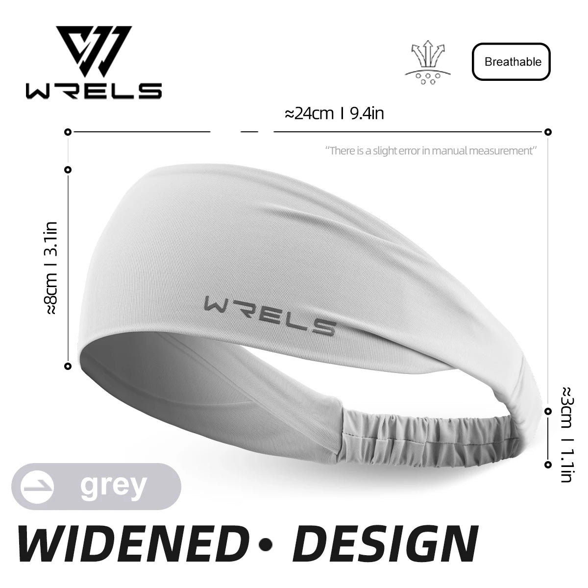 A white WRELS breathable sports headband shown from the side, highlighting its widened design.