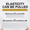 A white elastic sports headband being stretched to demonstrate its elasticity and suitability for head circumferences between