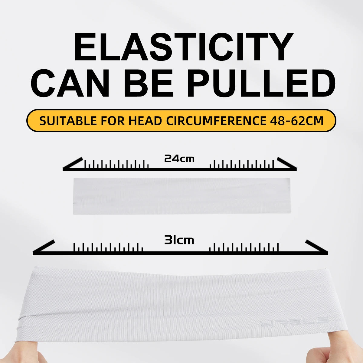 A white elastic sports headband being stretched to demonstrate its elasticity and suitability for head circumferences between