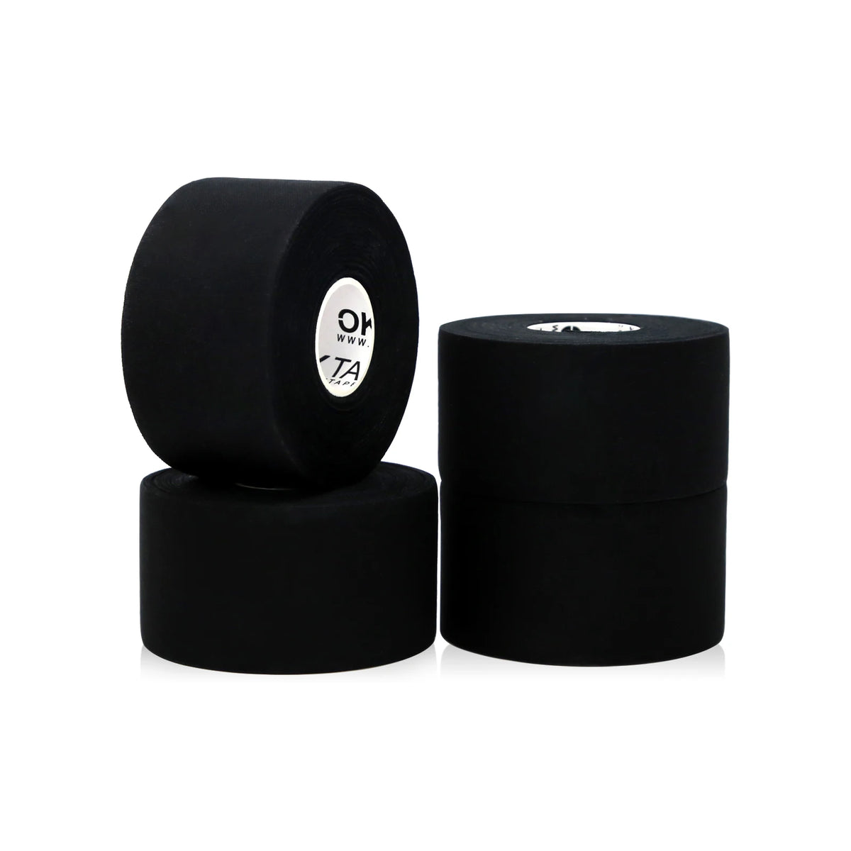 Rouleaux de ruban adhésif sportif noir dans un emballage cylindrique.