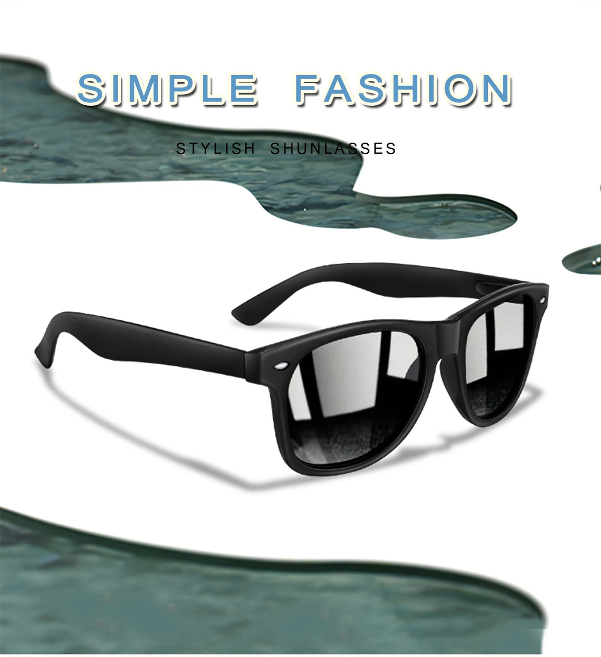 Black retro style sunglasses with dark lenses shown against a teal background.