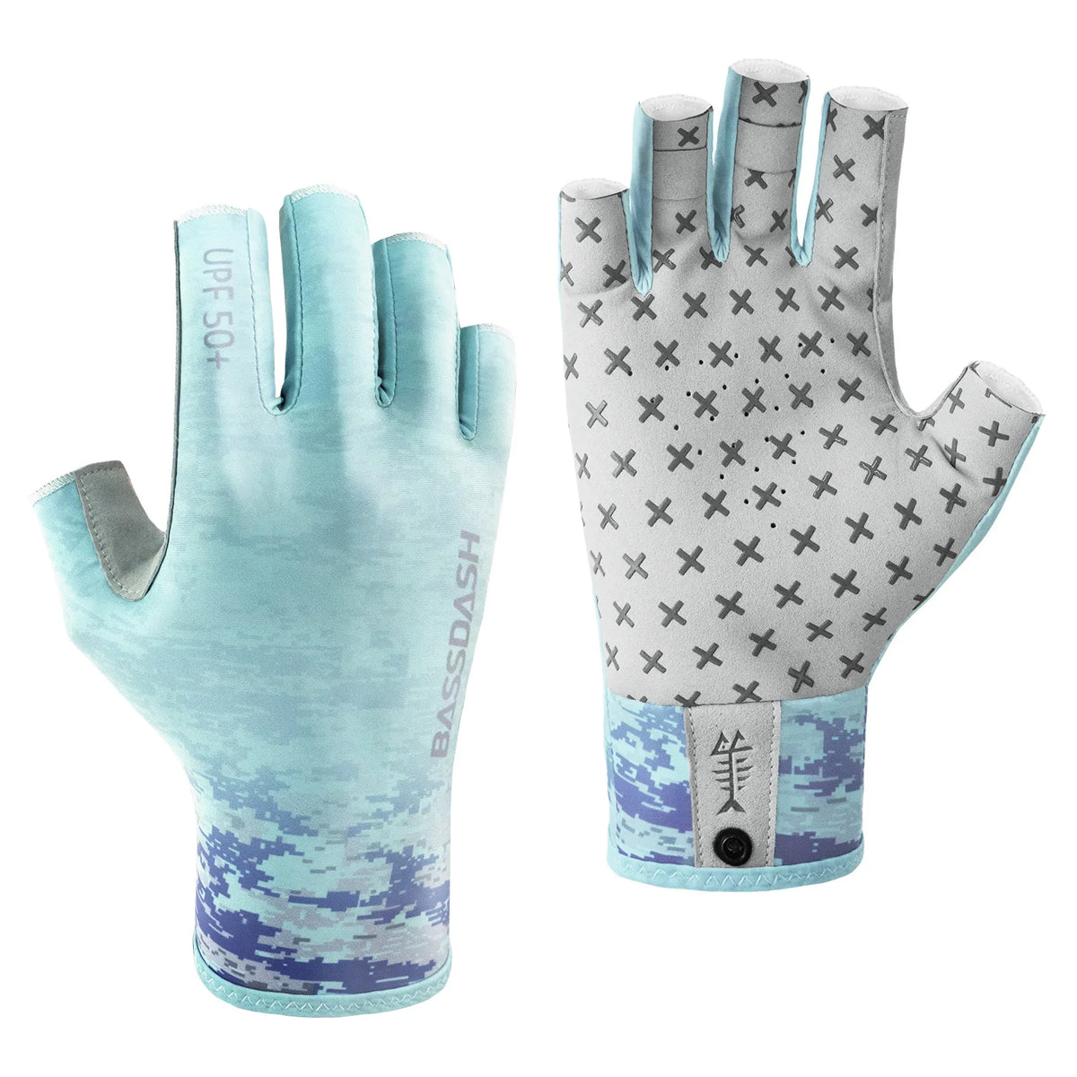 A pair of light blue fingerless sun gloves with a patterned fabric and a gray cuff.