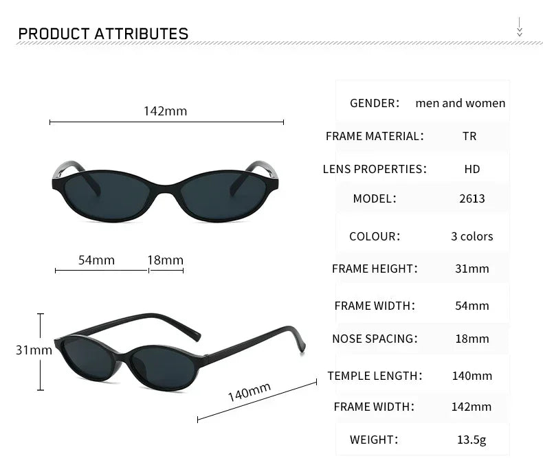 A diagram showing the product attributes of retro oval frame sunglasses, including measurements for frame height, width, lens