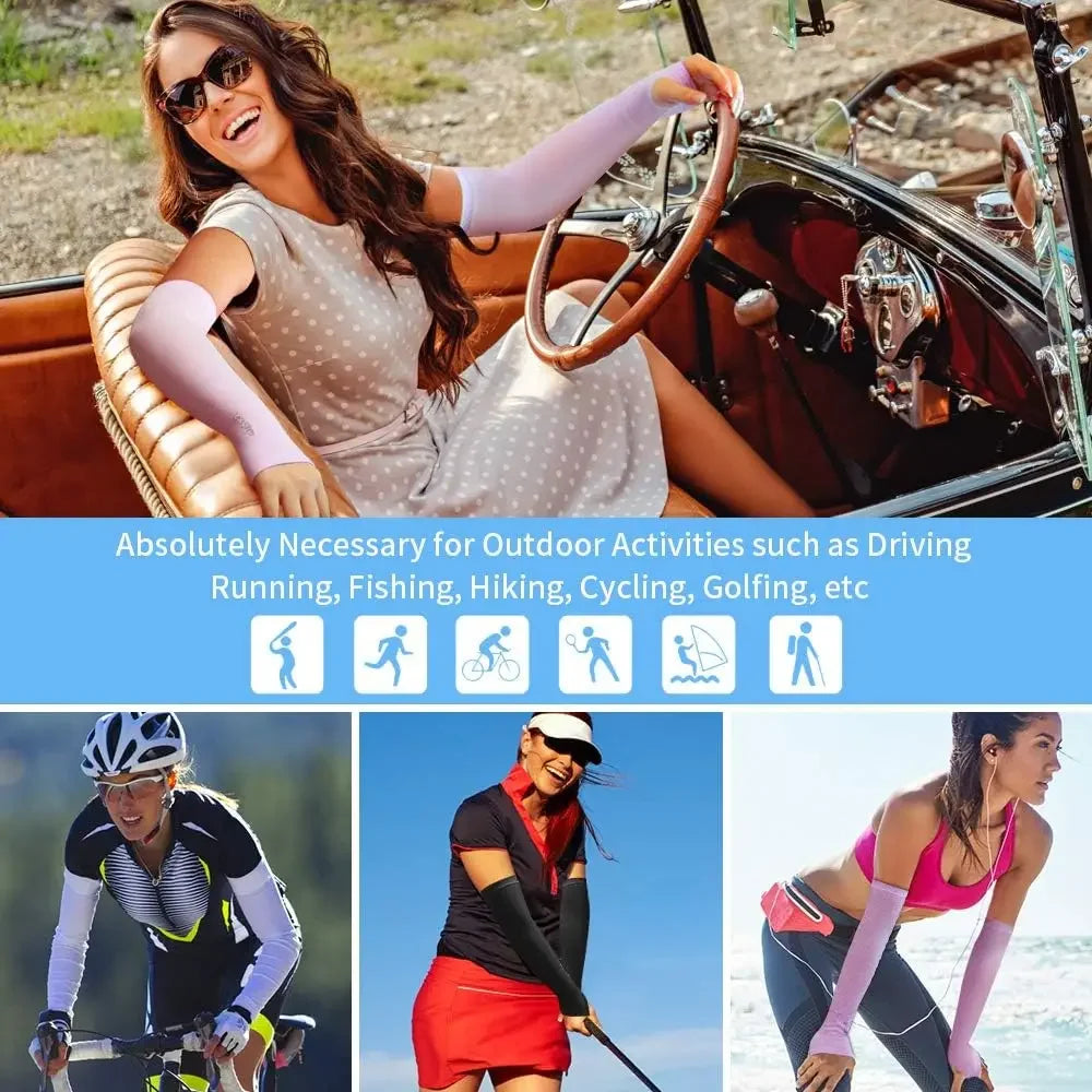 A woman wearing purple UV protection arm sleeves is shown outdoors engaging in various activities like running and cycling.