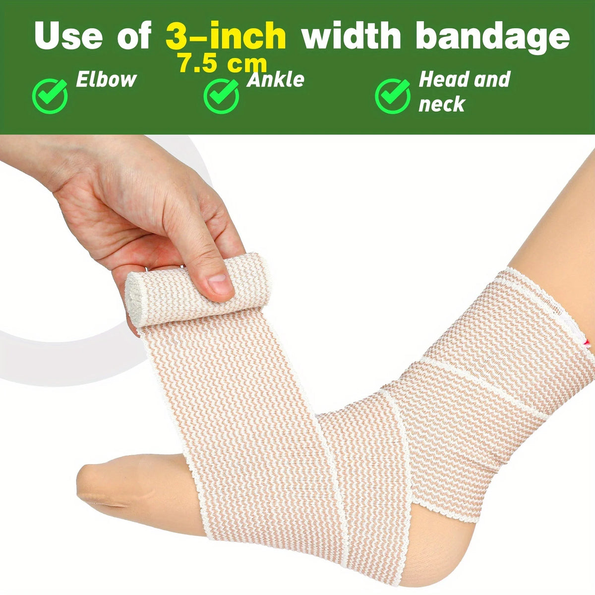 A hand is applying a beige 3-inch width bandage wrap to an ankle, elbow, and neck area.