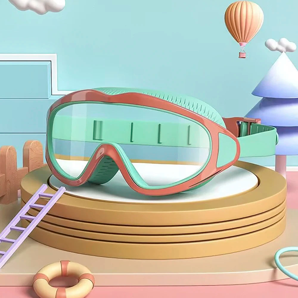 A pair of pink and green swimming goggles resting on a wooden platform with a ladder nearby.