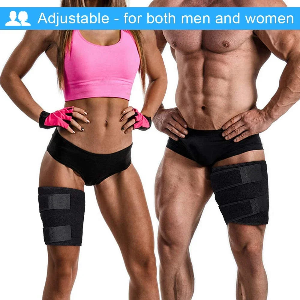 Eine Frau und ein Mann demonstrieren eine verstellbare Kompressionsbandage für die Muskelunterstützung am Oberschenkel.