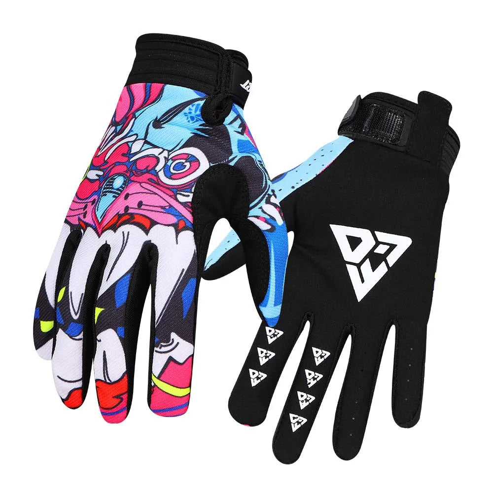 A pair of full finger motocross motorcycle gloves, one with a colorful graphic design and one black.