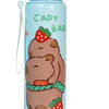 A light blue water bottle featuring a cute brown capybara design and a straw lid.