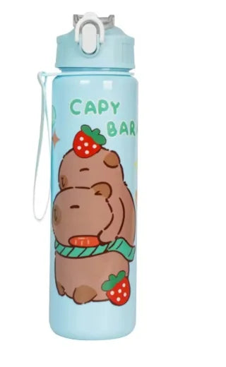 A light blue water bottle featuring a cute brown capybara design and a straw lid.