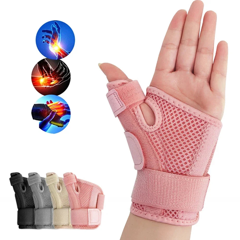 Pink flexible wrist brace with a mesh design and padded supports for joint stability.