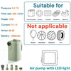 Tragbare elektrische Luftpumpe mit LED-Licht, die Spezifikationen und geeignete Artikel zeigt.