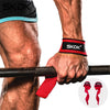 A close-up of a person gripping a barbell with red wrist straps, showing the SKDK brand logo.