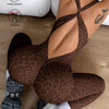 A woman wearing a brown leopard print seamless yoga jumpsuit is shown from the back, with training and yoga icons nearby.