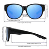 Black wrap-around sunglasses with blue lenses and compatibility for prescription glasses.