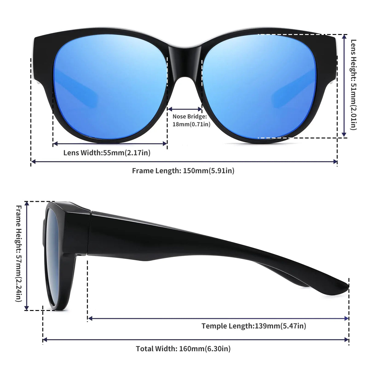 Black wrap-around sunglasses with blue lenses and compatibility for prescription glasses.