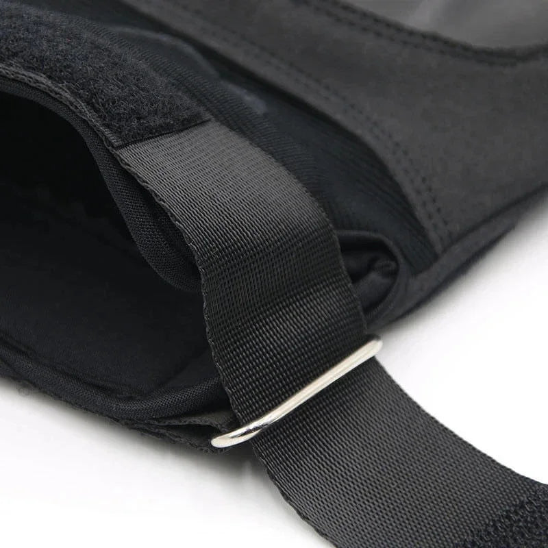 Black half finger tactical gloves shown with a strap detail.