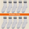 Ten pairs of gray breathable cotton sport socks displayed in a row.