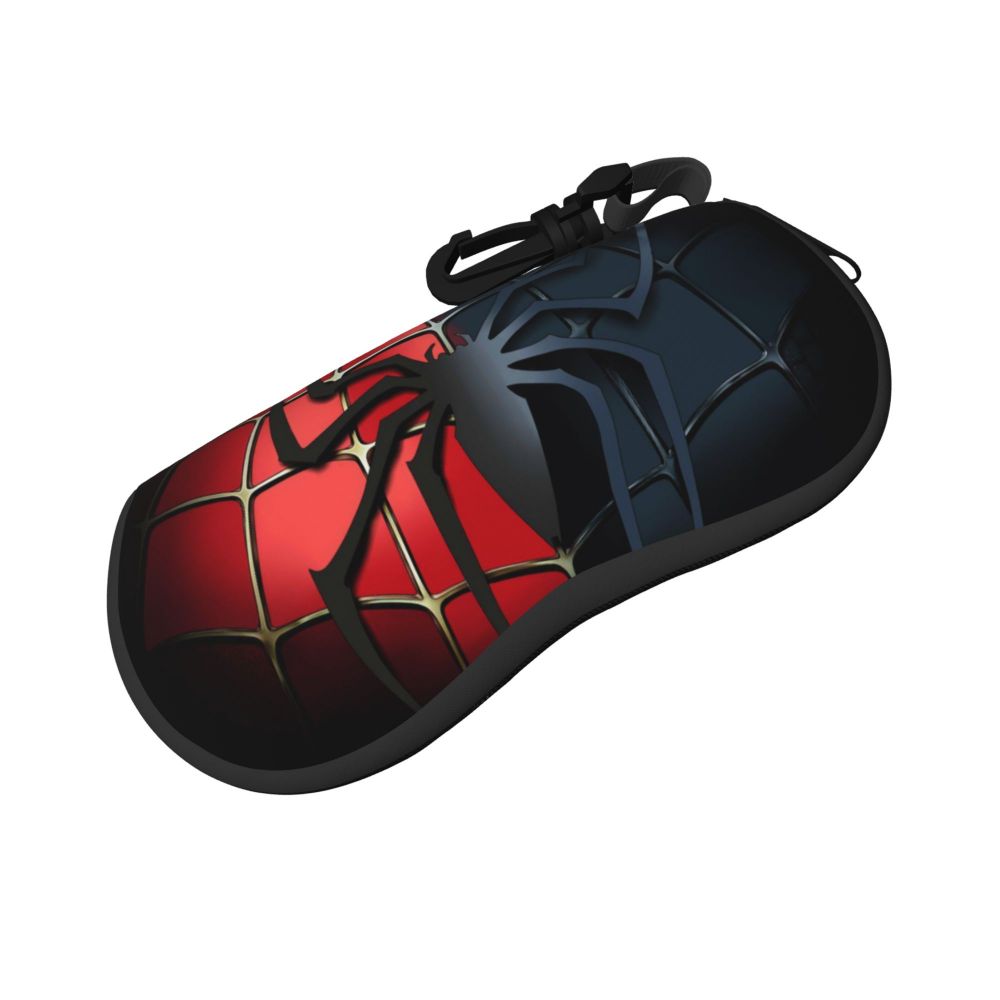 A black pouch designed to look like a spider web, featuring red and dark blue accents.