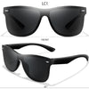 A pair of black frameless sunglasses shown from the front and a side angle.
