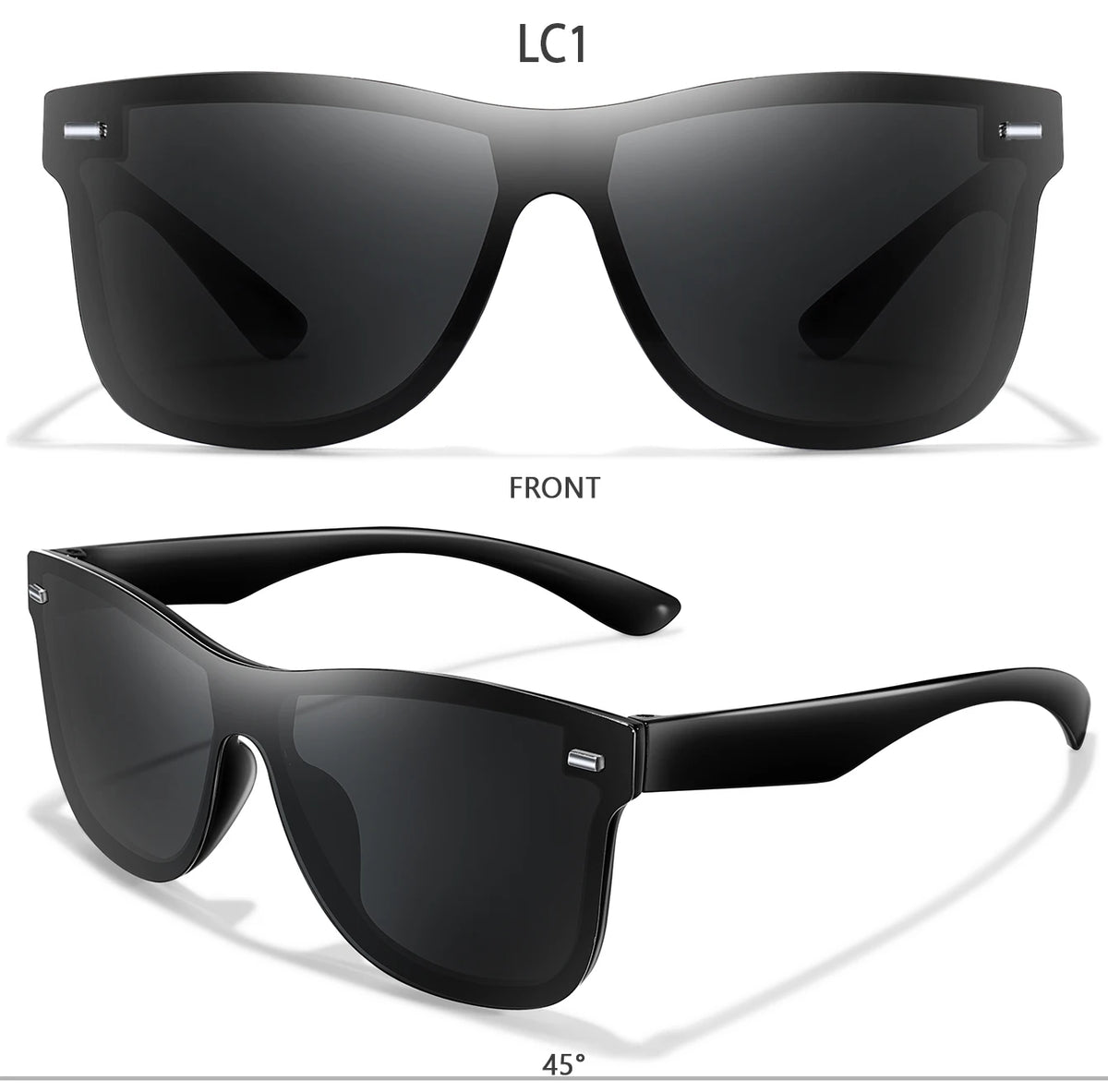 A pair of black frameless sunglasses shown from the front and a side angle.
