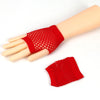 A hand model wearing red mesh fingerless gloves.