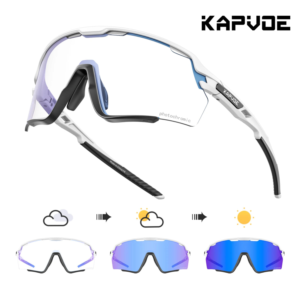 A pair of Kapvode photochromic cycling sunglasses shown in various states of light adaptation.
