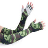 A hand wearing camouflage green arm sleeves with a patterned wrist cuff.