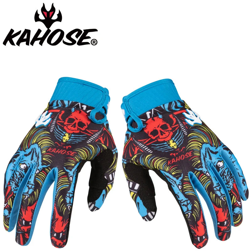A pair of blue and black Kahose full-finger motocross and off-road cycling gloves.