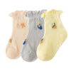 A pack of three thin summer casual baby socks in pink, gray, and yellow.