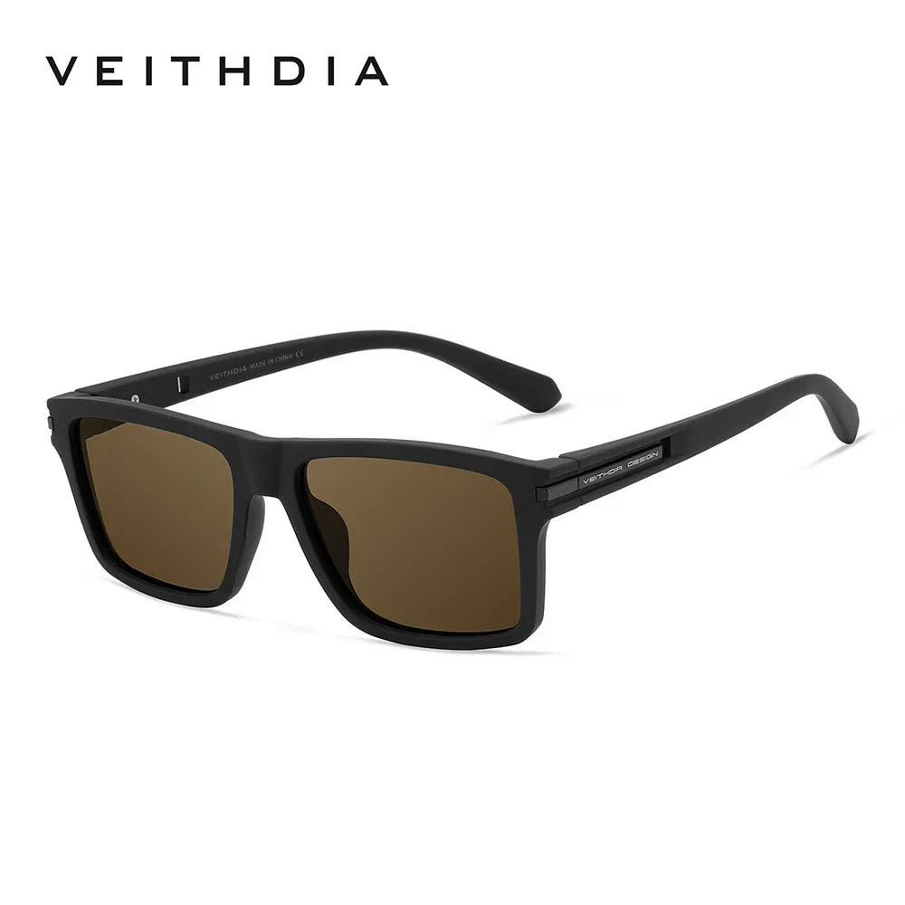 A pair of black square polarized sunglasses with brown lenses shown against a white background.