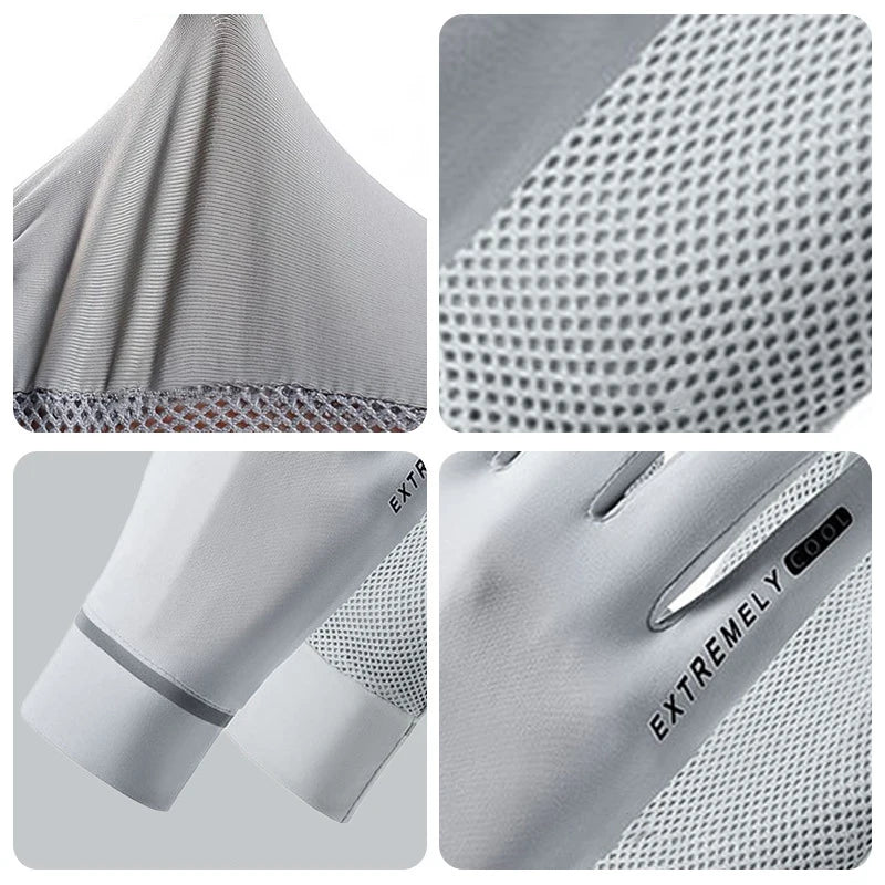 Primer plano de guantes de ciclismo para proteger del sol, color gris claro, mostrando tela texturizada y puño elástico.